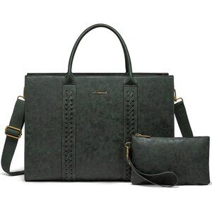 Green Vintage Leather 15.6-Inch Laptop Tote Bag for Women, Waterproof Work Bag w